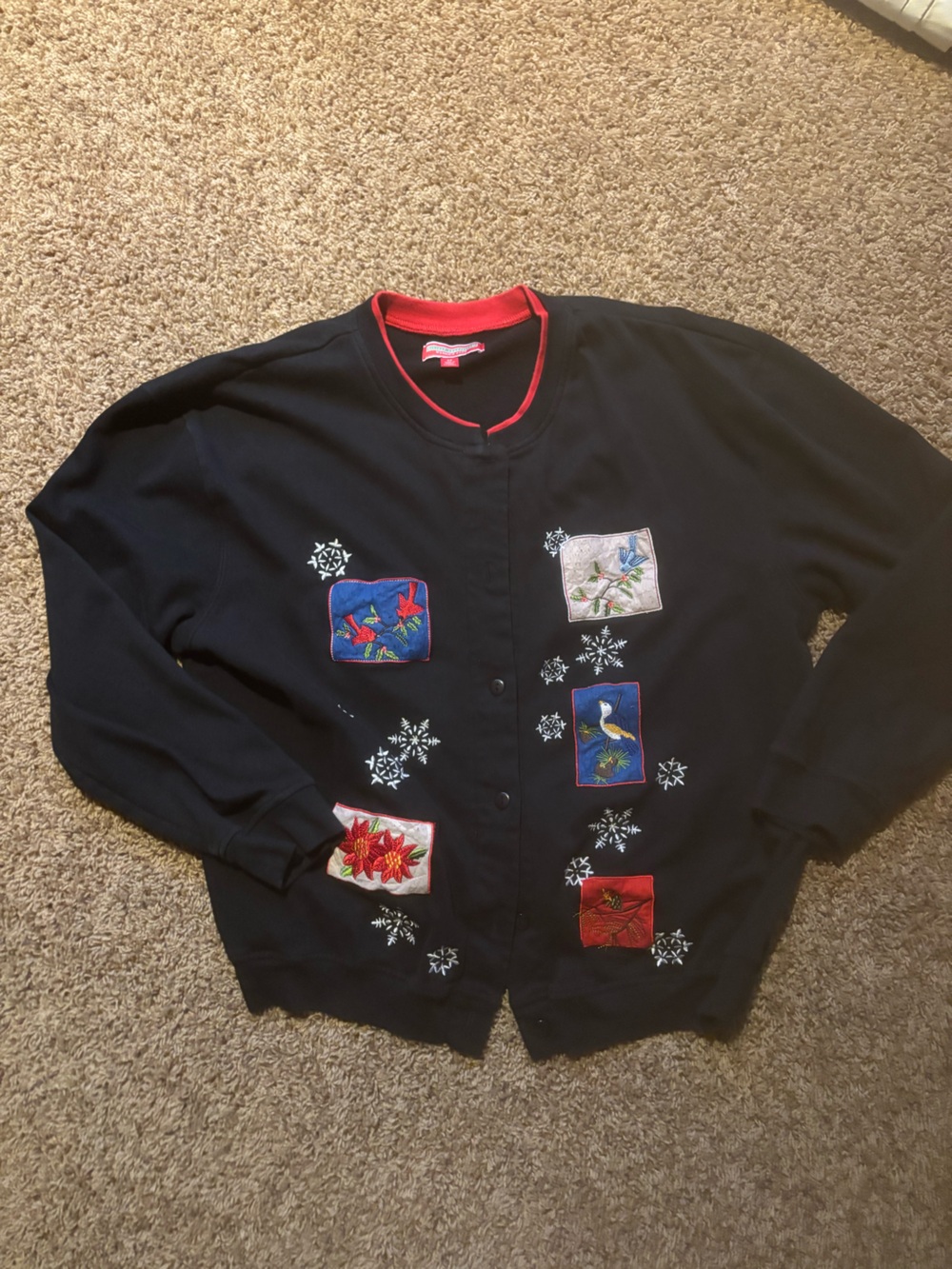Girls' Black Embroidered Holiday Jacket with Red Trim